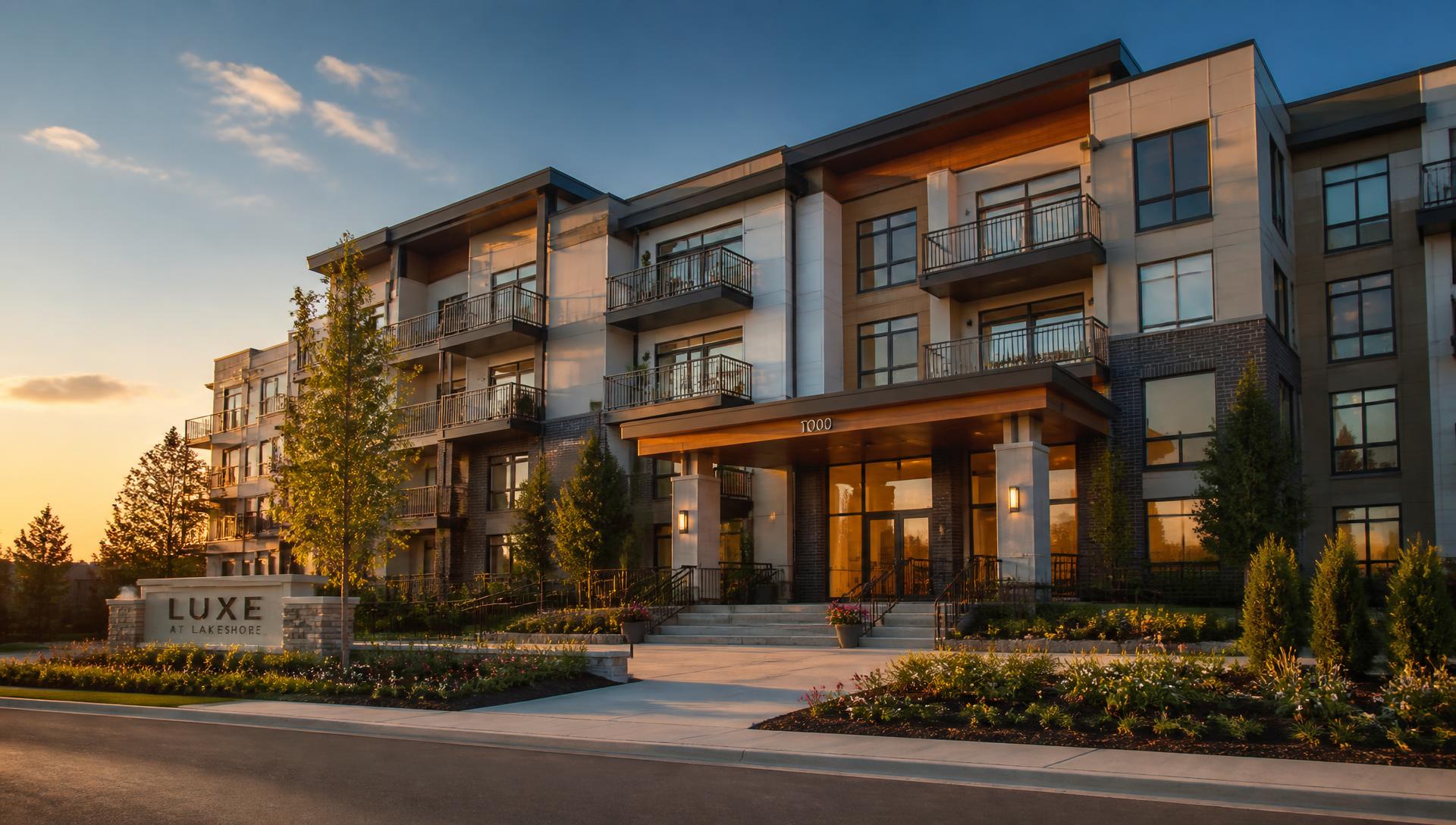 Modern apartment building available for rent at sunset